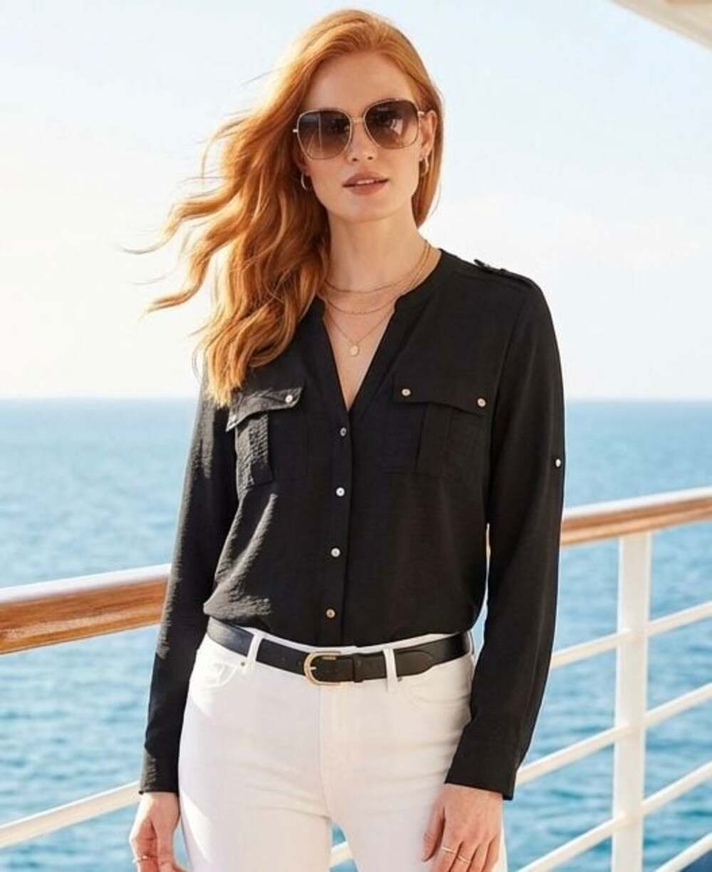 Calvin Klein Women's Black Roll-Tab Sleeve Utility Blouse Size Medium